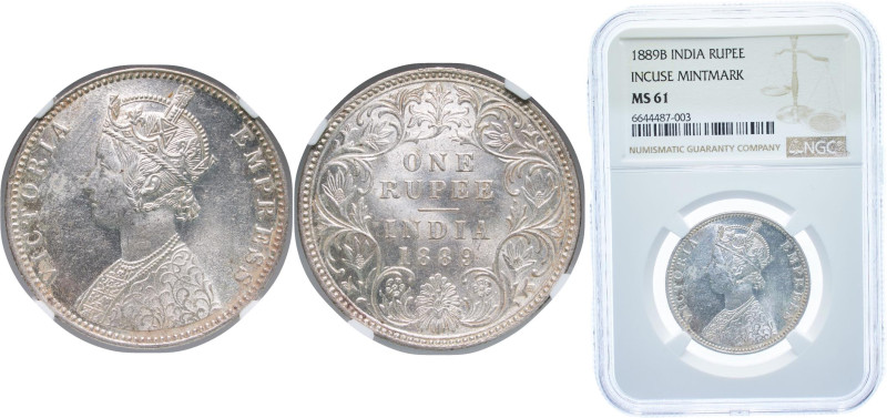 India India - British Raj 1889 B incuse 1 Rupee - Victoria Silver (.917) Bombay ...