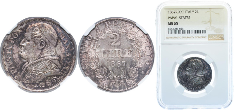 Italy Papal States Italian states 1867 R 2 Lire - Pius IX Silver (.835) Rome Min...