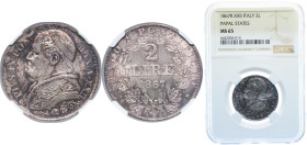 Italy Papal States Italian states 1867 R 2 Lire - Pius IX Silver (.835) Rome Mint (1000000) 10g NGC MS 65 KM 1379 MIR 3167 Munt 47-48 Berman 3339