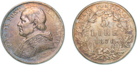 Italy Papal States Italian states 1870 R 5 Lire - Pius IX Silver (.900) Rome Mint (98504) 24.98g AU KM 1385 MIR 3165 Munt 45 Berman 3337 Pag 548-550