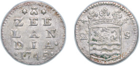 Netherlands Dutch Republic Province of Zeeland 1745 2 Stuivers Silver (.583) Middelburg Mint 1.52g AU KM 59