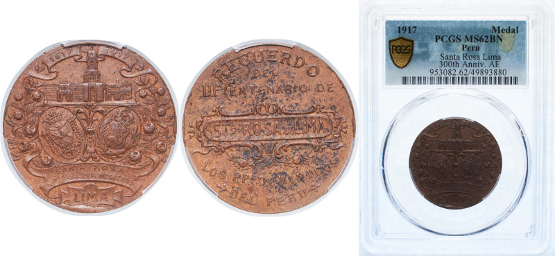 Peru Republic 1917 Medal - Santa Rosa Lima 300th Anniv. Copper PCGS MS62 Top Pop