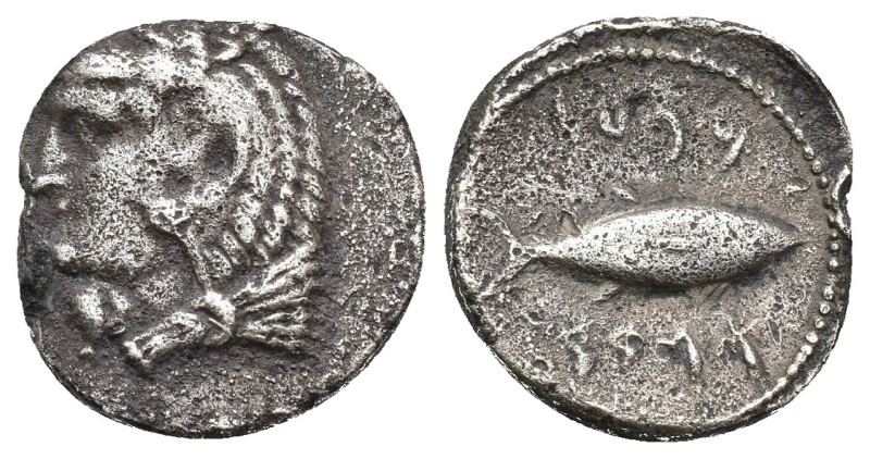HISPANIA ANTIGUA. GADIR. Hemidracma. A/ Cabeza de Melkart con leonté a izq. R/ A...