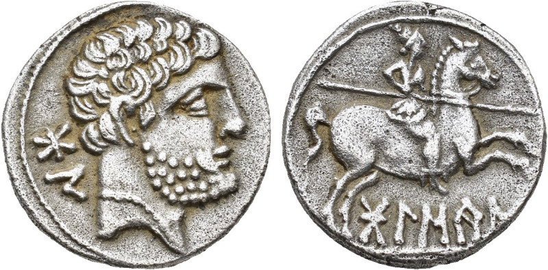 HISPANIA ANTIGUA. BOLSKAN. Denario. A/ Cabeza masculina con collar a der., detrá...