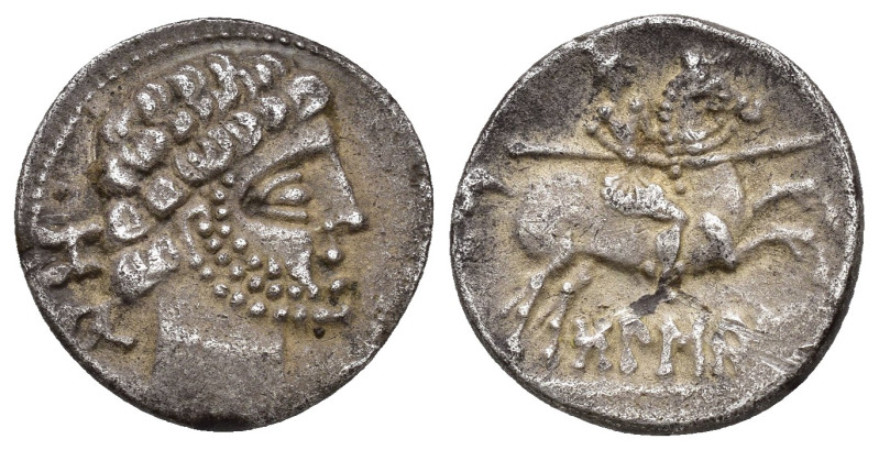 HISPANIA ANTIGUA. BOLSKAN. Denario. A/ Cabeza masculina barbada y con collar a d...