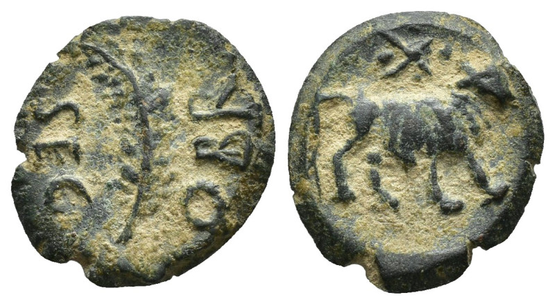 HISPANIA ANTIGUA. SEGOBRIGA. Cuadrante. A/ Palma; SEG-OBR. R/ Toro a der., encim...