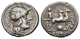 REPÚBLICA ROMANA. CAECILIA. L. Caecilius Metellus Diadematus. Denario. Roma (128 a.C.). A/ Cabeza de Roma a der. R/ ¿Pietas? en biga a der., debajo ca...