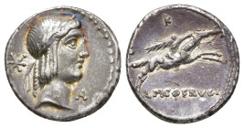 REPÚBLICA ROMANA. CALPURNIA. L. Calpurnius Piso Frugi. Denario. Roma (90-89 a. C.). A/ Cabeza a der., delante A. R/ Jinete a der., encima K; L PISO FR...