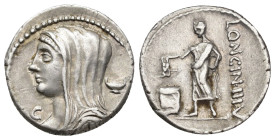 ROMAN REPUBLIC. CASSIA. L. Cassius Longinus. Denario. Roma (63 a.C.). A/ Cabeza de Vesta velada y diademada a izq., detrás copa, delante S. R/ Ciudada...
