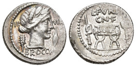REPÚBLICA ROMANA. FURIA. L. Furius Cn. F Brocchus. Denario. Roma (63 a.C.). A/ Cabeza de Ceres a der. entre grano y espiga; III-VIR/BROCCHI. R/ Silla ...