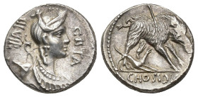 REPÚBLICA ROMANA. HOSIDIA. C. Hosidius Geta. Denario. Roma (68 a.C.). A/ Busto de Diana con arco y carcaj a der.; GETA III VIR. R/ Jabalí alanceado y ...