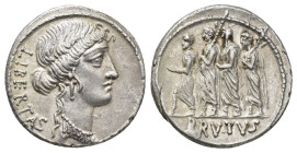 REPÚBLICA ROMANA. JUNIA. Q. Caepio Brutus. Denario. Roma (54 a.C.). A/ Cabeza de Libertas a der., detrás LIBERTAS. R/ L. Junio Bruto entre dos líctore...