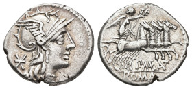 REPÚBLICA ROMANA. MAENIA. Publius Maenius Antiacus. Denario. Roma (132 a.C.). A/ Cabeza de Roma. R/ Victoria en cuadriga; P MAE ANT, ROMA. AR 3,90 g. ...