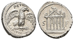 REPÚBLICA ROMANA. PETILIA. Petillius Capitolinus. Roma. Denario (43 a.C.). A/ Águila sobre haz de rayos con alas abiertas mirando a der.; PETIL(LIVS) ...