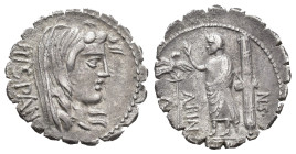 REPÚBLICA ROMANA. POSTUMIA. A. Postumius Albinus. Denario serratus. Roma (81 a.C.). A/ Cabeza de Hispania a der.; HISPAN. R/ Togado a izq. entre águil...