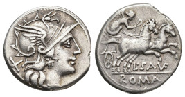 REPÚBLICA ROMANA. SAUFEIA. L. Saufeius. Denario. Roma (152 a.C.). A/ Cabeza de Roma a der. R/ Victoria en biga a der., debajo L SAVF, exergo ROMA. AR ...