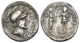 PERIODO DE JULIO CÉSAR A AUGUSTO. POMPEYO MAGNO. Denario. Hispania (46-45 a.C.). A/ Cabeza de Roma a der.; M POBLICI LEG PRO PR, gráfila de puntos y r...