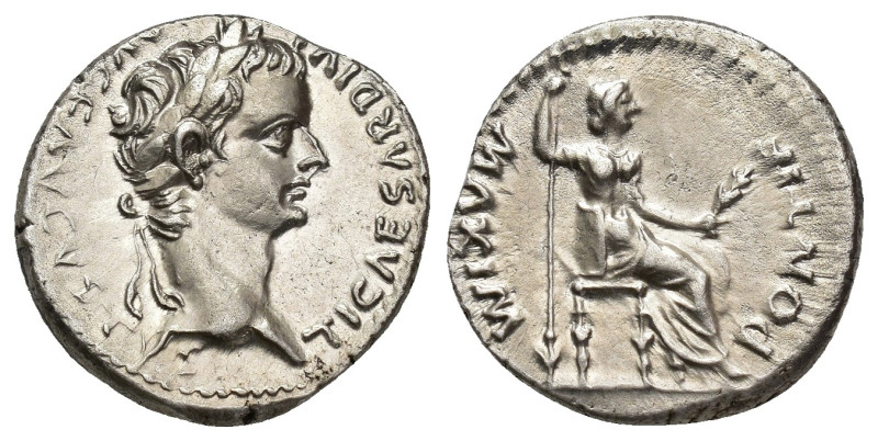 IMPERIO ROMANO. TIBERIO. Denario. Lugdunum (14-37 d.C.). A/ Cabeza laureada a de...
