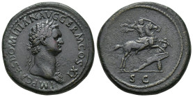 IMPERIO ROMANO. DOMICIANO. Sestercio. Roma (85 d.C.). A/ Cabeza laureada y con égida a der.; IMP CAES DOMITIAN AVG GERM COS XI. R/ El emperador a caba...