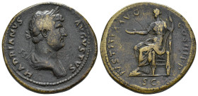 IMPERIO ROMANO. ADRIANO. Roma. Sestercio (129-130). A/ Busto laureado y drapeado a der.; HADRIANVS AVGVSTVS. R/ Iustitia sentada a izq. con pátera y c...