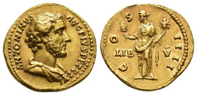 IMPERIO ROMANO. ANTONINO PÍO. Roma. Áureo (147-148). A/ Busto drapeado a der.; ANTONINVS AVG PIVS P F TR P XI. R/ Liberalitas a izq. con ábaco y cornu...