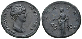 IMPERIO ROMANO. FAUSTINA LA MAYOR. Roma. Sestercio (141). A/ Busto drapeado a der.; DIVA AVGVSTA FAVSTINA. R/ Pietas a izq. ofrendando sobre un timiat...