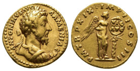 IMPERIO ROMANO. MARCO AURELIO. Roma. Áureo (164-165). A/ Busto laureado y acorazado a der.; ANTONINVS AVG ARMENIACVS. R/ Victoria a derecha sujetando ...