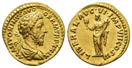 IMPERIO ROMANO. MARCO AURELIO. Roma. Áureo (174-175). A/ Busto laureado y drapeado a der.; ANTONINVS GERM TR P XXIX. R/ Liberalitas a izq. con ábaco y...