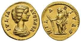 IMPERIO ROMANO. JULIA DOMNA. Roma. Áureo (196-211). A/ Busto drapeado a der.; IVLIA AVGVSTA. R/ Hilaritas a izq. con palma y cornucopia; HILARITAS. AU...