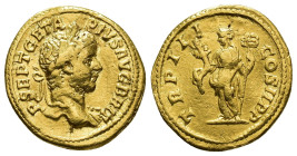 IMPERIO ROMANO. GETA. Roma. Áureo (210-211). A/ Cabeza laureada y drapeada a der.; P SEPT GETA PIVS AVG BRIT. R/ Felicitas a izq. con cornucopia y cad...