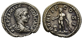 IMPERIO ROMANO. GETA. Roma. Denario (209). A/ Busto drapeado y acorazado a der.; P SEPTIMIVS GETA CAES. R/ Genio a izq. con pátera y espigas sacrifica...