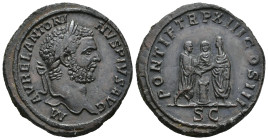 IMPERIO ROMANO. CARACALLA. Sestercio. Roma (210). A/ Cabeza laureada a der.; M AVREL ANTONINVS PIVS AVG. R/ Caracalla y Geta, togados y velados, cara ...