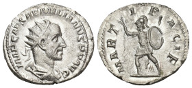 IMPERIO ROMANO. EMILIANO. Roma. Antoniniano (253). A/ Busto radiado, drapeado y acorazado a der.; IMP AEMILIANVS PIVS FEL AVG. R/ Marte avanzando a iz...