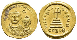 IMPERIO BIZANTINO. HERACLIO Y HERACLIO CONSTANTINO. Sólido. Constantinopolis. A/ Bustos frontales con corona, encima cruz. R/ Cruz sobre gradas. Ofici...