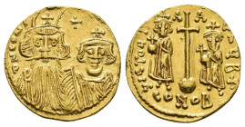IMPERIO ROMANO. CONSTANTE II Y CONSTANTINO IV. Sólido. Constantinopolis. A/ Bustos frontales, encima cruz. R/ Gran cruz sobre globo flanqueada por Her...