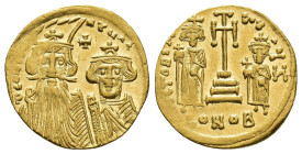 IMPERIO ROMANO. CONSTANTE II Y CONSTANTINO IV. Sólido. Constantinopolis. A/ Bustos frontales, encima cruz. R/ Gran cruz sobre gradas flanqueada por He...