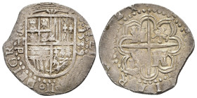 FELIPE II. 2 reales. 1589. Sevilla. D cuadrada. AR 6,9 g. 24,6 mm. AC-409. Cospel irregular. MBC.