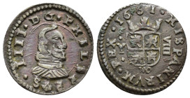 FELIPE IV. 8 maravedís. 1661. Madrid. Y. HISPANIRVM. CU 2,68 g. 20,5 mm. AC-no. Leves concreciones. MBC.