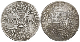 FELIPE IV. Patacón. 1645. Amberes. AR 26,42 g. 43,9 mm. Vanhoudt-645.AN. MBC-/MBC.