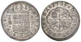 FELIPE V. 2 reales. 1724. Segovia. F. AR 5,7 g. 27,1 mm. VI-770. AC-959. Manchita de óxido. R.B.O. EBC.