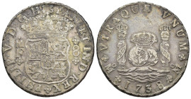 FELIPE V. 8 reales. 1738. México. MF. AR 26,84 g. 39,1 mm. VI-1146; AC-1449. Finas rayitas. MBC.