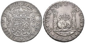 FELIPE V. 8 reales. 1743. México. MF. AR 26,85 g. 37,5 mm. VI-1151; AC-1463. Pátina gris. MBC+/MBC.