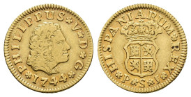 FELIPE V. 1/2 escudo. 1744. Sevilla. PJ. AU 1,74 g. 15,3 mm. VI-1289; AC-no. MBC-/MBC.
