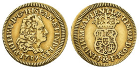 FELIPE V. Escudo. 1739. Madrid. JP. AU 3,32 g. 18,4 mm. VI-1338; AC-1717. MBC. 

Lote no sujeto a tasas de exportación.