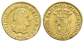 FELIPE V. Escudo. 1736. Sevilla. AP. AU 3,36 g. 17,2 mm. VI-1404; AC-1808. Rayas en anv. y pequeñas marcas. MBC. 

Lote no sujeto a tasas de exporta...