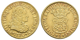 FELIPE V. 2 escudos. 1730. Sevilla. Sin valor ni ensayador. AU 6,66 g. 21,2 mm. VI-1519; AC-1984. R.B.O. MBC+. Muy escasa.
