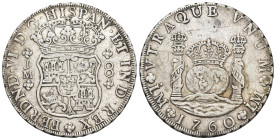 FERNANDO VI. 8 reales. 1760. Lima. JM. Punto sobre las L de ambas marcas de ceca. AR 26,33 g. 38,5 mm. VI-354; AC-468. Rayitas en anv. y pequeñas marc...