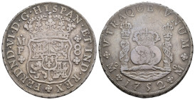 FERNANDO VI. 8 reales. 1752. México. MF. AR 26,96 g. 38,8 mm. VI-360; AC-386. Pequeñas marcas. MBC-/MBC.