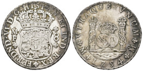 FERNANDO VI. 8 reales. 1754. México. MF. Coronas imperial y real. AR 26,83 g. 39,3 mm. VI-364; AC-485. MBC. 

Lote no sujeto a tasas de exportación....