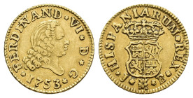 FERNANDO VI. 1/2 escudo. 1753. Madrid. JB. AU 1,74 g. 14 mm. VI-411; AC-556. MBC.